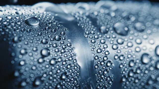 Close-up macro view of water droplets on a textured metallic surface