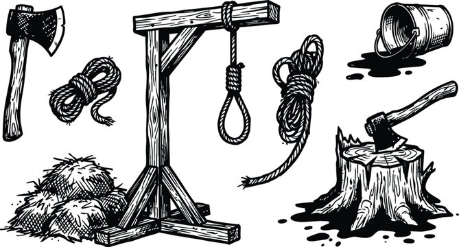 Black and white wood gallows with hanging noose axe ropes stump and spilled bucket