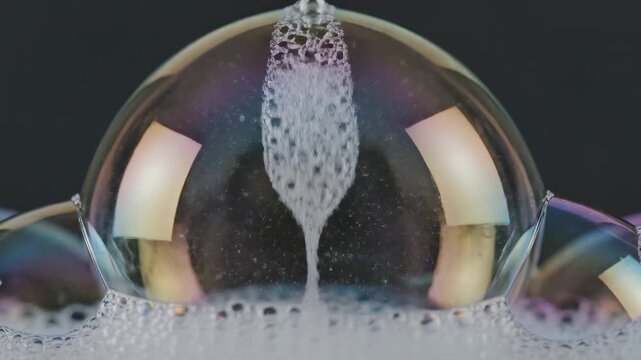 Macro view of iridescent soap bubbles forming and floating in soapy water