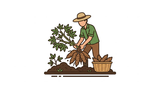 Farmer harvesting cassava roots from the soil.