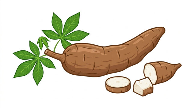 Fresh Cassava Root Vegetable with Green Leaves.