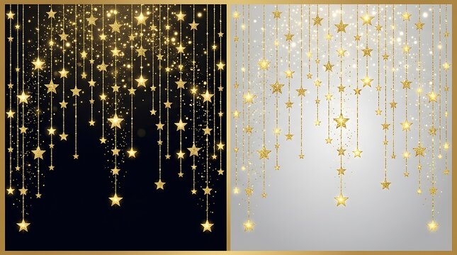Golden star garland on dark and light gradient backgrounds
