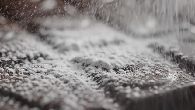 Close-up of powdered sugar dusting a dark chocolate bar in slow motion