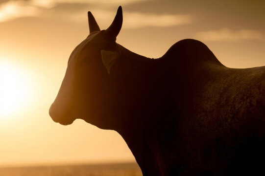 Nelore silhouette cattle with horns at sunset. Bovine originating in India.