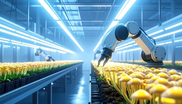 Advanced robotic arms meticulously harvest glowing genetically engineered mushrooms in a futuristic indoor farm illuminated by vibrant blue lights.