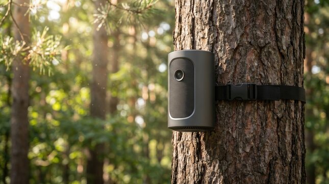 Grey cylindrical smart environmental monitoring camera device strapped to a pine tree trunk in the woods