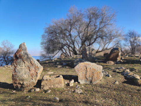Ancient Armenian khachkars on Akdamar Island