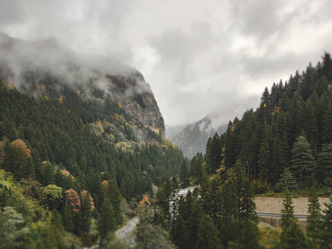 Panoramic view of Sumela Monastery in the fog