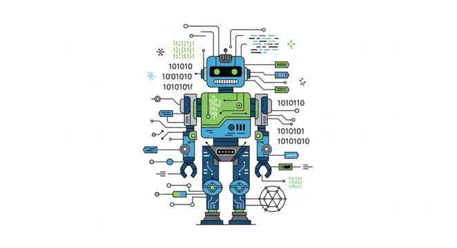 Detailed illustration of a futuristic robot with technical diagrams.