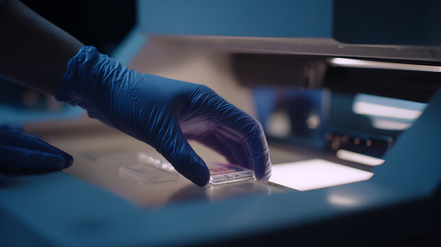A dedicated scientist in latex gloves carefully positions a medical sample slide under an advanced laboratory scanner, ensuring precise analysis in a research facility
