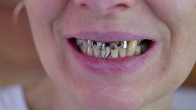 Woman's mouth showing teeth with cermet crowns. Extreme close-up of a woman's mouth smiling and talking, revealing damaged teeth with metal cermet dental crowns and showing the subsequent treatment