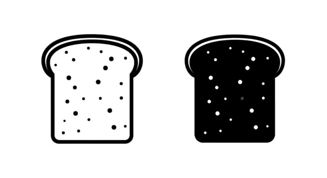 Minimal black silhouette icon, simple flat vector, bold black shape, no, no shading set of two bread slice icons, outline and solid black style on a, flat icon style