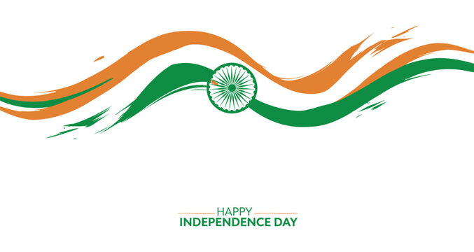 Independence Day Abstract tricolor brush stroke waves with Ashok Chakra wheel for India Independence Day celebration isolated on white background India