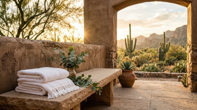 white folded towels on stone bench beneath adobe arch