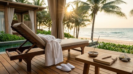 Fototapeta premium Beachfront pool deck with sun lounger bathrobe notebook and palm trees