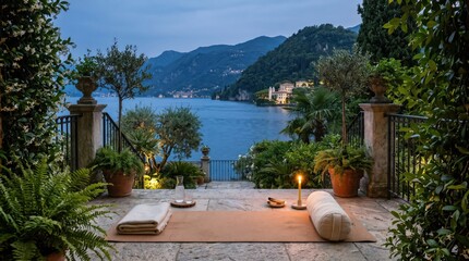 Obraz premium Outdoor yoga mat with bolster blanket candle and potted plants above mountain lake