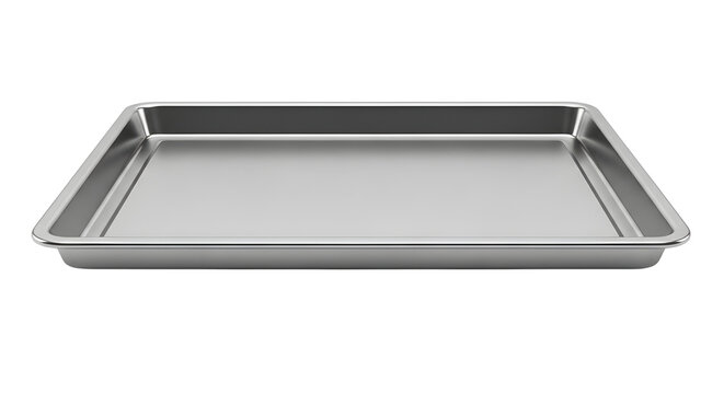 Stainless steel baking sheet, professional aluminum oven tray for cooking, empty metallic kitchenware pan isolated on white background