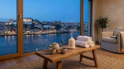 Fototapeta premium Riverside spa room with large windows diffuser towels and armchair