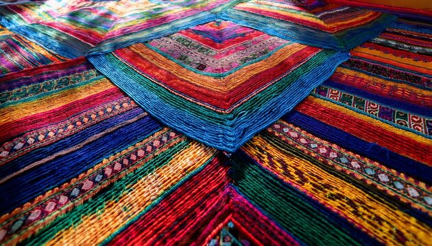 a vibrant tapestry weaving traditional latin american motifs with modern geometric patterns rich jewel tones and metallic threads photographed in natural sunlight