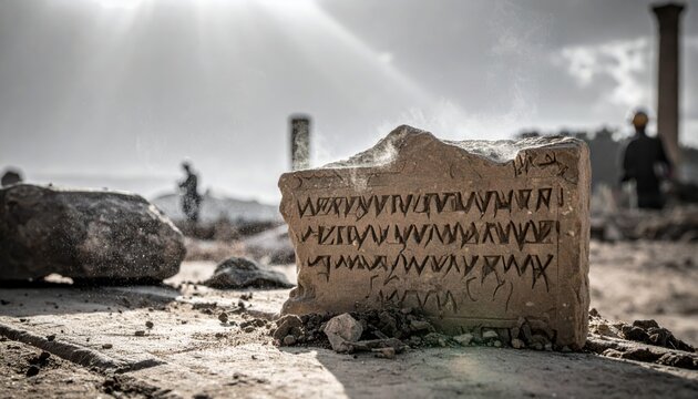 Fragmented sun-dried clay cuneiform tablet with ancient wedge inscriptions in a dusty archaeological outdoor setting