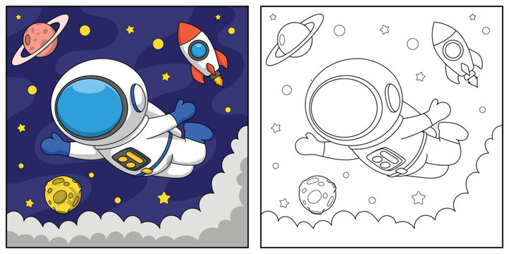 Astronaut in space. Black and white vector illustration for coloring book.