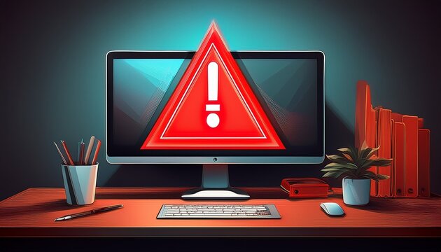 desktop computer monitor displaying a red triangular warning sign with an exclamation mark representing error or security alert