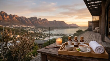 Fototapeta premium Spa tray with essential oil bottles tea towel and candle on wooden terrace