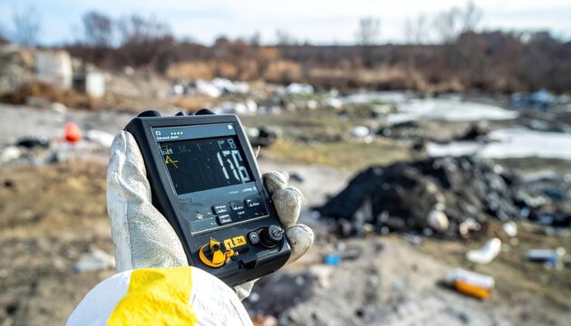Hand holding Geiger counter with fluctuating radiation levels in a polluted outdoor environment