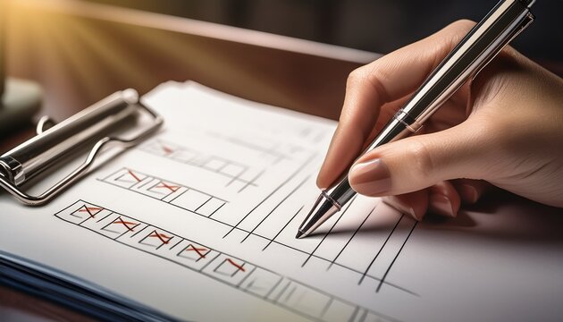 business checklist execution close up of hand marking tasks as complete with pen on paper