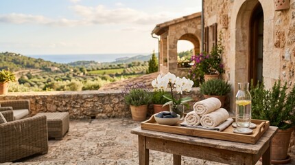 Obraz premium Mediterranean courtyard table with orchids towels and coastal landscape