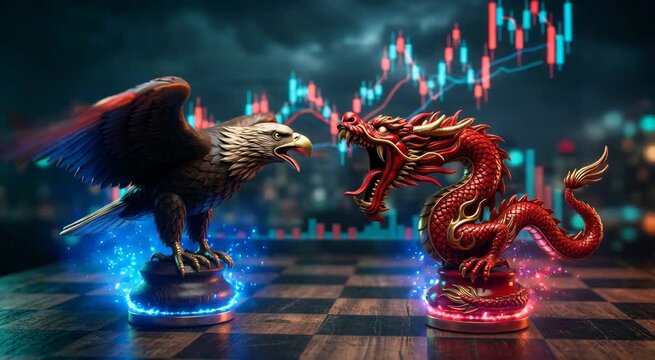 Eagle and dragon chess pieces confronting each other on board. Geopolitical trade war rivalry and global economic market competition symbol with stock data trend.