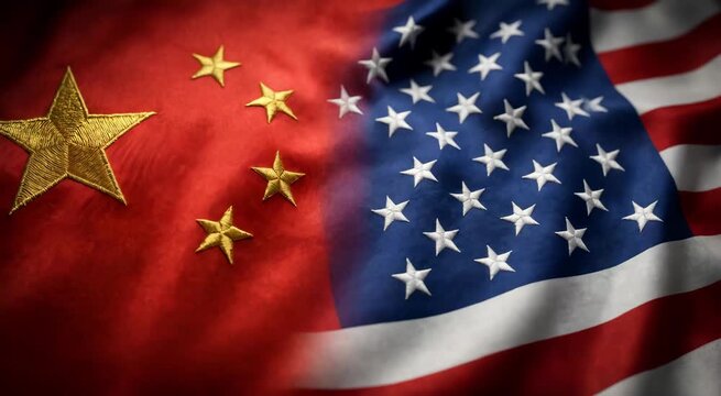 National flags of China and USA merged together in diplomatic tension. Concept of trade war and geopolitical rivalry representing global economic competition struggle.