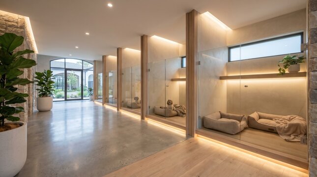 Modern luxury dog boarding kennel facility featuring clean glass rooms and comfortable beds