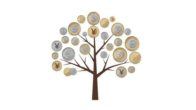 Money tree with various international coins as leaves.