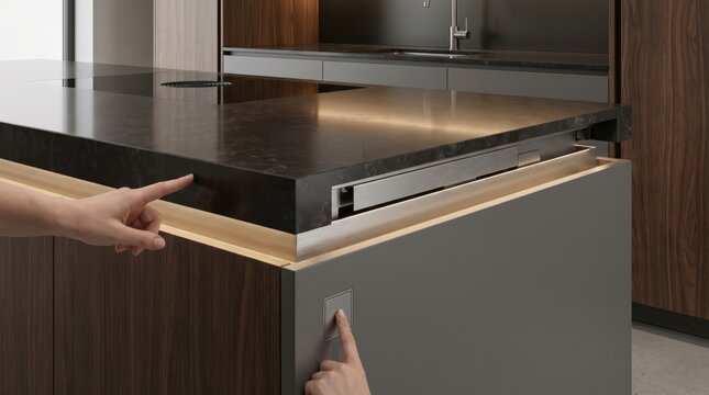 Finger pressing a hidden button on a modern kitchen island to activate a pop up compartment