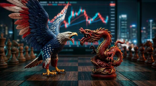 Eagle and dragon chess pieces confronting on board. Geopolitical trade war competition metaphor. Global market tension and economic rival struggle, financial graph.