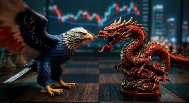 Eagle and dragon facing each other on a chessboard. Global trade war and economic rivalry concept. Geopolitical tension and financial market competition metaphor.