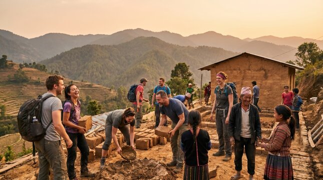 Group of happy volunteers and locals building a house with mud bricks in a mountainous village