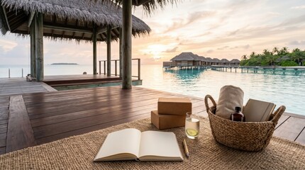 Obraz premium Overwater resort platform with spa basket and open notebook