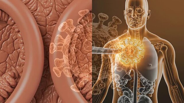 3D Visualization of Coronavirus Interacting with Human Figure Depicting Immune Response and Medical Insights in a Dark, Moody Background
