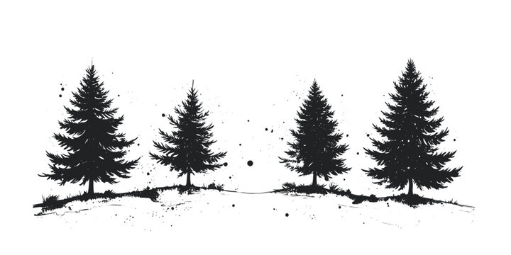 Set of four black ink splatter fir trees hand drawn brush silhouettes forest nature design elements for winter and holiday themes
