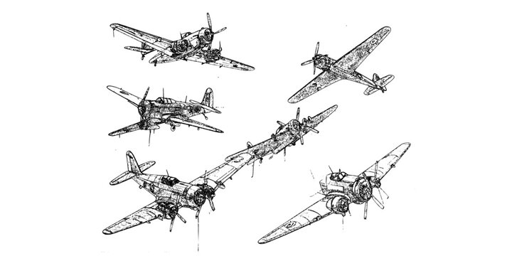 vintage military airplanes in silhouette with various wwii bomber designs in black and white
