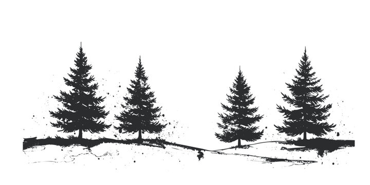 Set of four black ink splatter fir trees hand drawn brush silhouettes forest nature design elements for winter and holiday themes
