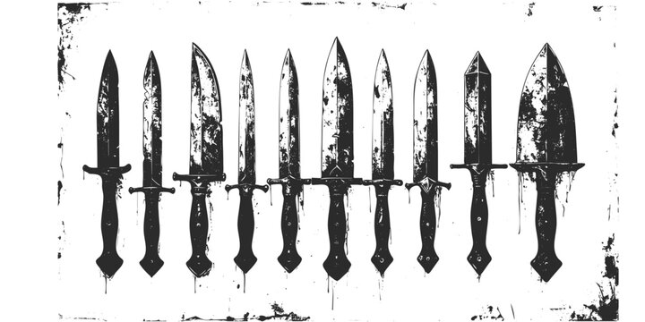Grunge silhouette set of seven medieval knives and daggers with textured distressed effect

