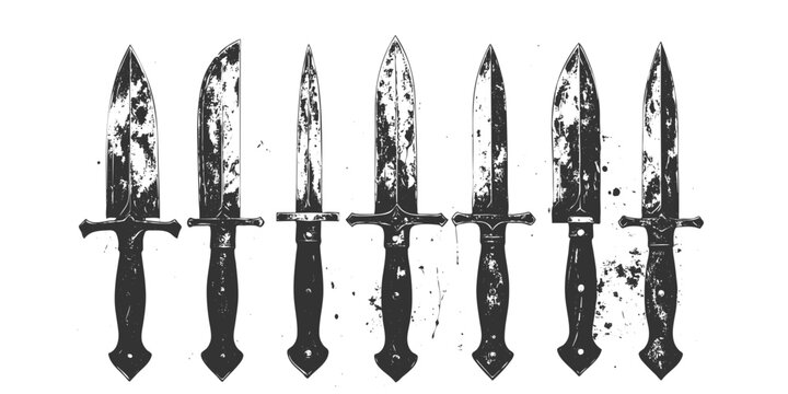 Grunge silhouette set of seven medieval knives and daggers with textured distressed effect
