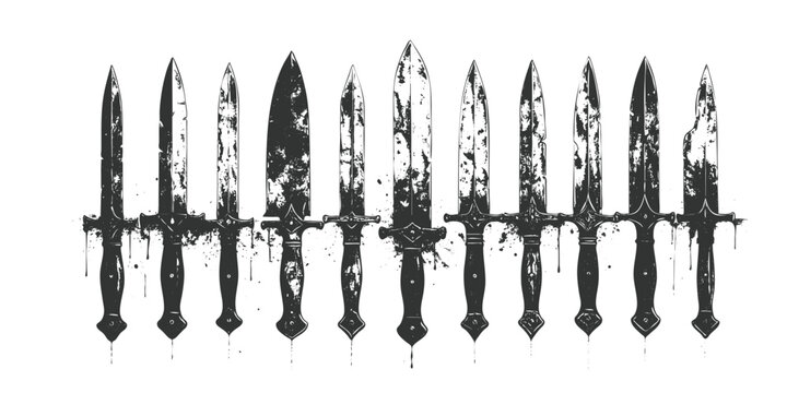 Grunge silhouette set of seven medieval knives and daggers with textured distressed effect
