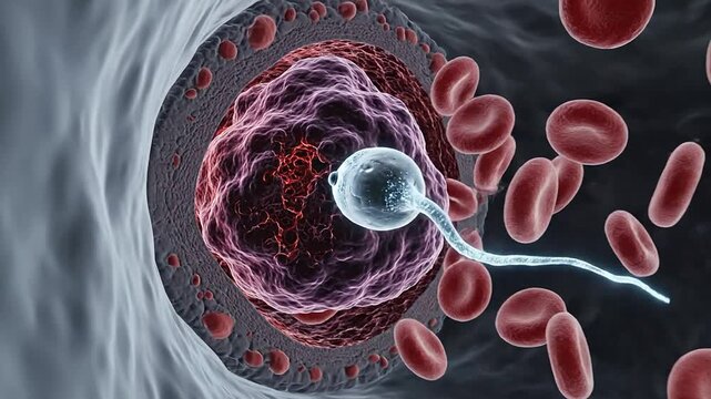 3D Visualization of Sperm Cell Fertilizing Ovum in Bloodstream with Realistic Cellular Interaction and Biological Processes