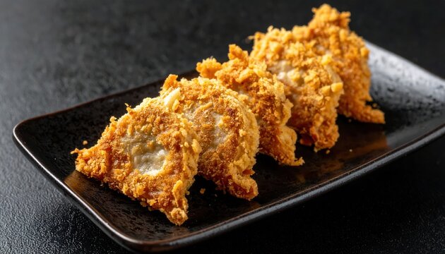 Golden brown crispy fried taro root dumplings with a rough texture on a dark plate, perfect for a delicious appetizer.