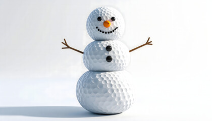 Obraz premium A whimsical snowman crafted entirely from three stacked white golf balls, adorned with tiny twig arms and black ball eyes, a carrot nose, and a cheerful smile