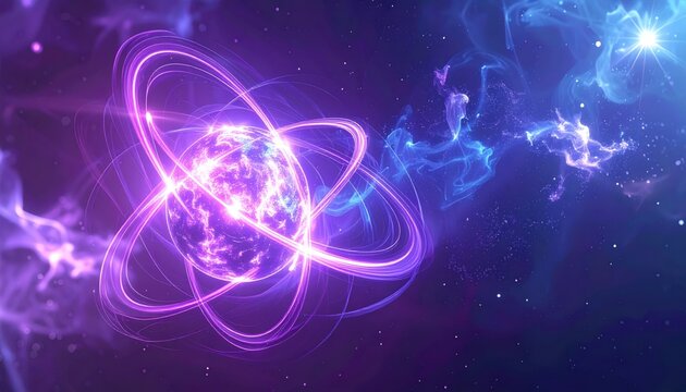 Abstract digital rendering of an atom's electron cloud showcasing swirling energy and orbital paths in a cosmic purple and blue nebula